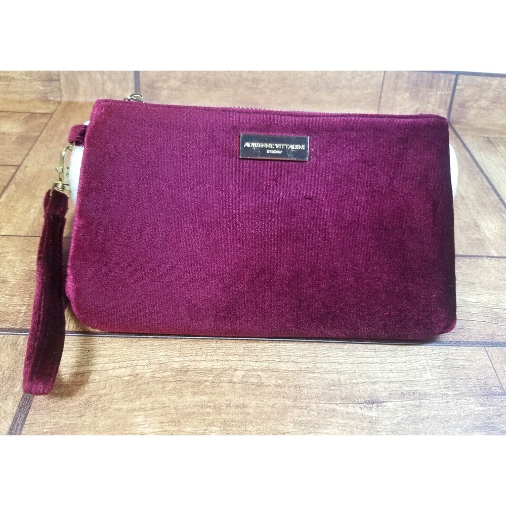 Adrienne Vittadini Wine Velvet Hand Clutch Credit Card Slots Removable Strap